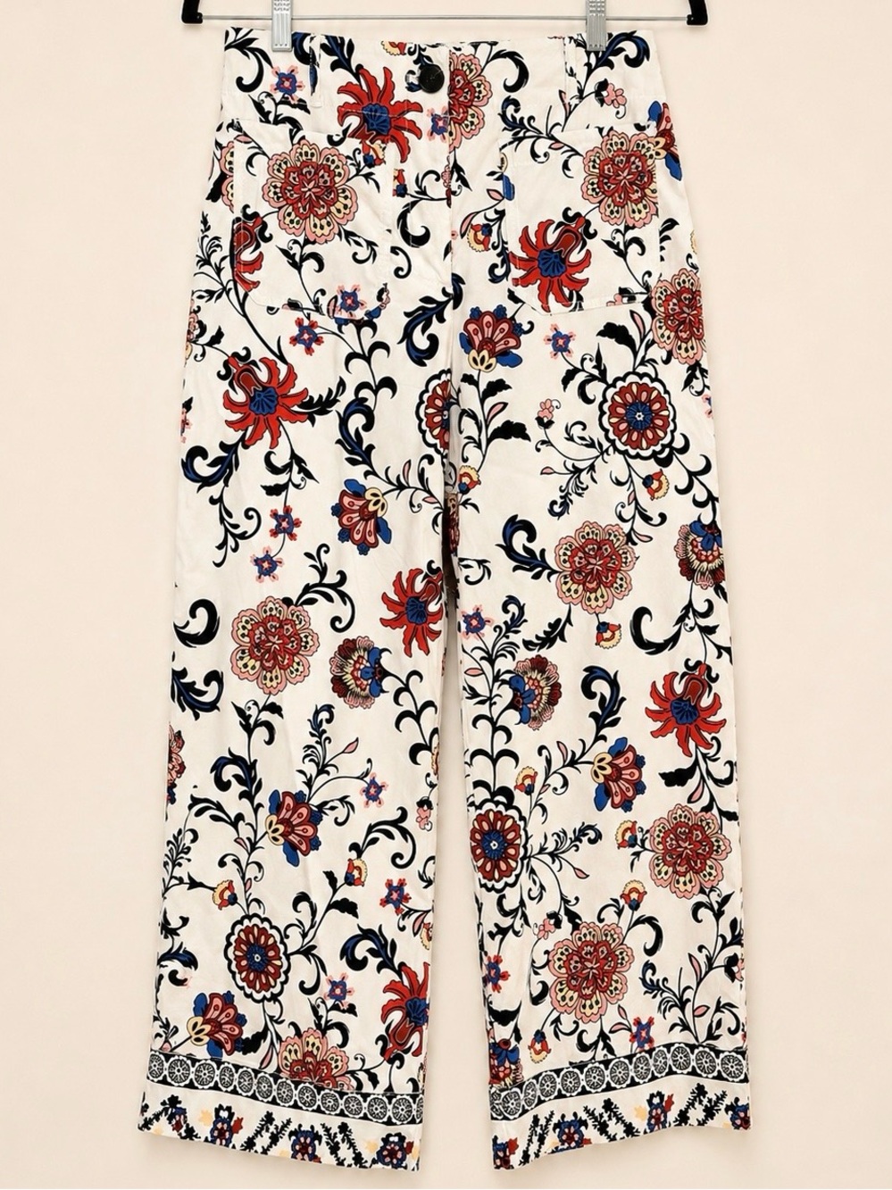 Ivory Floral Scroll High-Rise Cropped Palazzos - Size 6